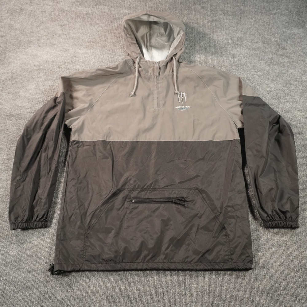 Monster Energy Anorak Windbreaker Mens Large Grey Black Quarter Zip Hooded Logo